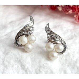 Cultured Pearl Accented Art Nouveau Screw Back Sterling Silver 925 Earrings